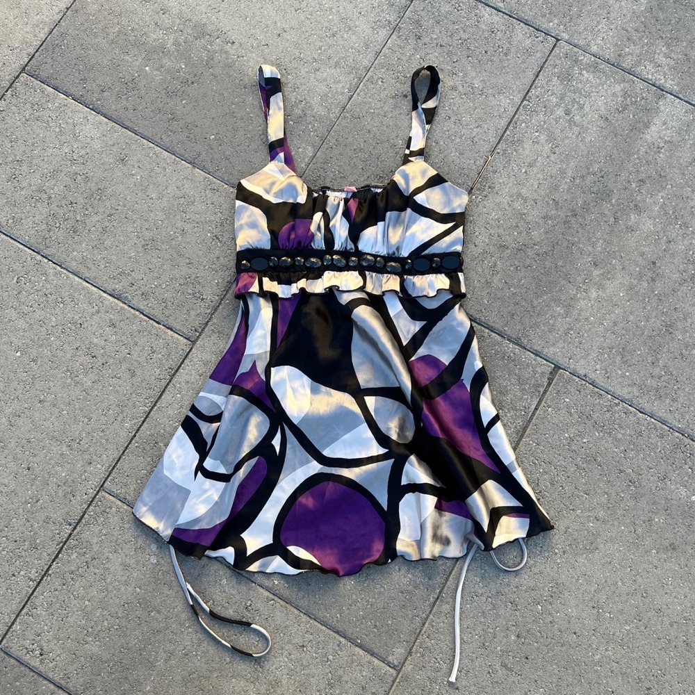 Event Womens Satin Abstract Geometric Print Beaded Empire Waist Cami Top Purple